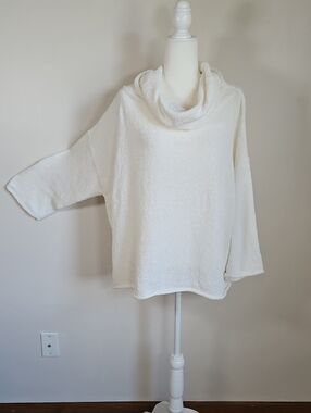 Planet Cowl Neck Boucle Knit Top White OS Oversize Boxy 3/4 Sleeve Pima Cotton